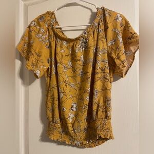 Cupcakes & Cashmere Yellow Floral Flutter Sleeve Blouse Smocked L Boho Preppy
